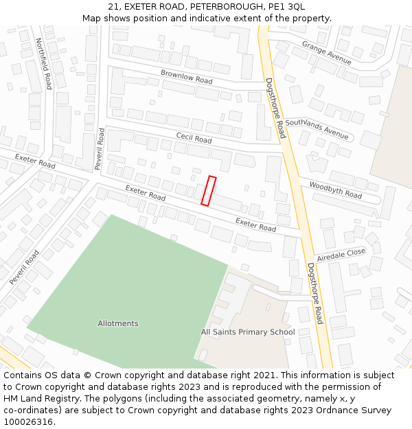 21, EXETER ROAD, PETERBOROUGH, PE1 3QL: Location map and indicative extent of plot