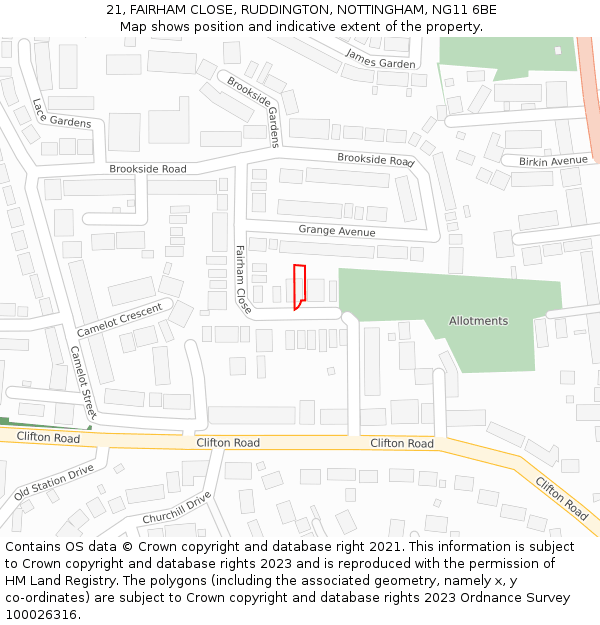 21, FAIRHAM CLOSE, RUDDINGTON, NOTTINGHAM, NG11 6BE: Location map and indicative extent of plot