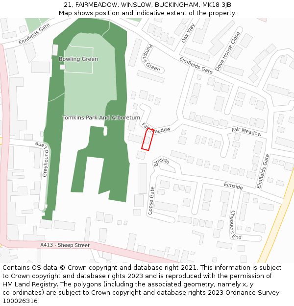 21, FAIRMEADOW, WINSLOW, BUCKINGHAM, MK18 3JB: Location map and indicative extent of plot