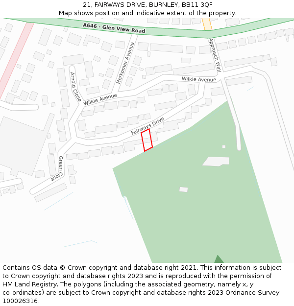 21, FAIRWAYS DRIVE, BURNLEY, BB11 3QF: Location map and indicative extent of plot