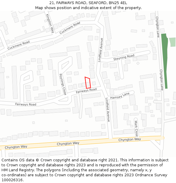 21, FAIRWAYS ROAD, SEAFORD, BN25 4EL: Location map and indicative extent of plot