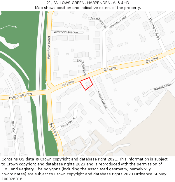 21, FALLOWS GREEN, HARPENDEN, AL5 4HD: Location map and indicative extent of plot