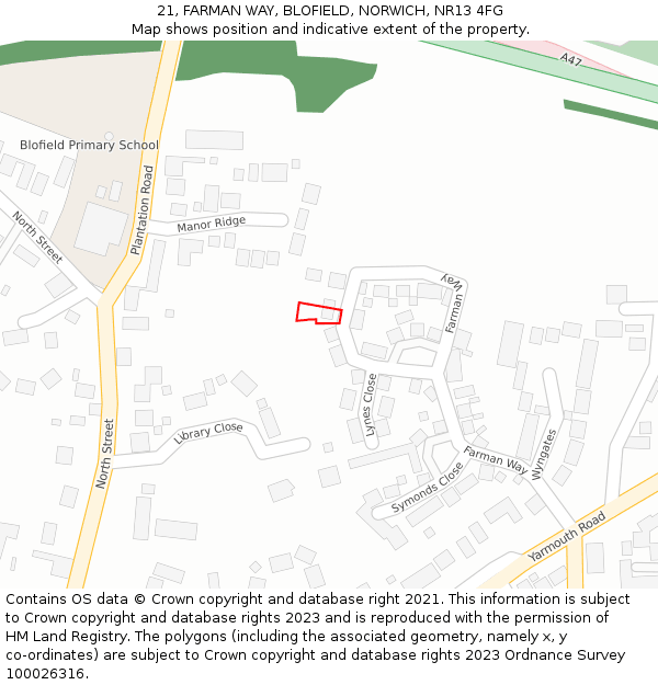 21, FARMAN WAY, BLOFIELD, NORWICH, NR13 4FG: Location map and indicative extent of plot