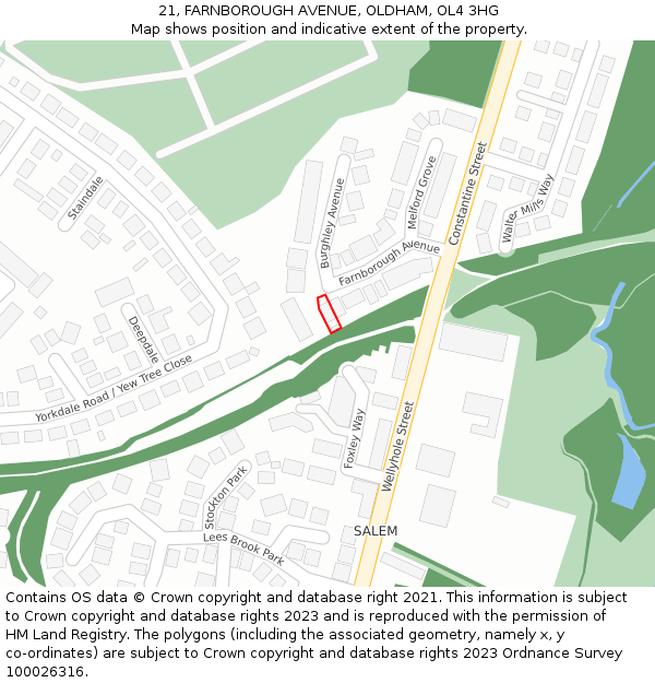 21, FARNBOROUGH AVENUE, OLDHAM, OL4 3HG: Location map and indicative extent of plot