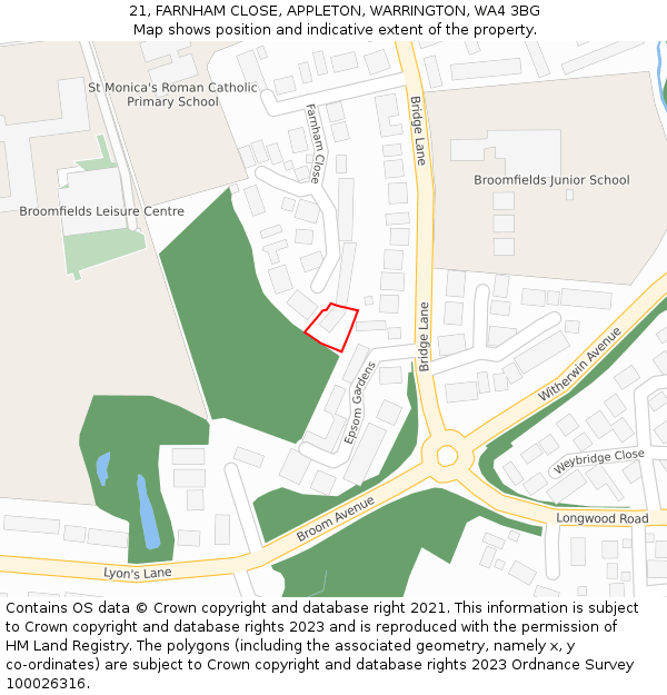 21, FARNHAM CLOSE, APPLETON, WARRINGTON, WA4 3BG: Location map and indicative extent of plot