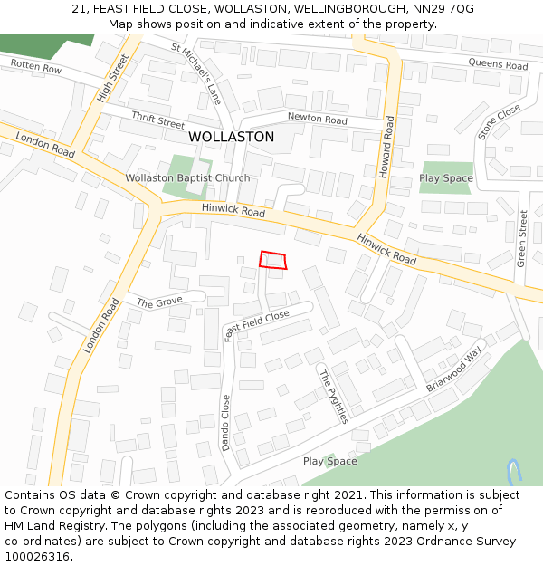 21, FEAST FIELD CLOSE, WOLLASTON, WELLINGBOROUGH, NN29 7QG: Location map and indicative extent of plot