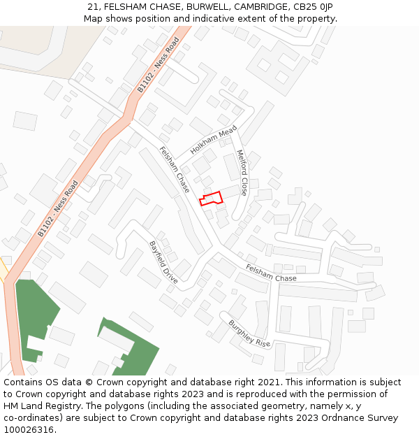 21, FELSHAM CHASE, BURWELL, CAMBRIDGE, CB25 0JP: Location map and indicative extent of plot