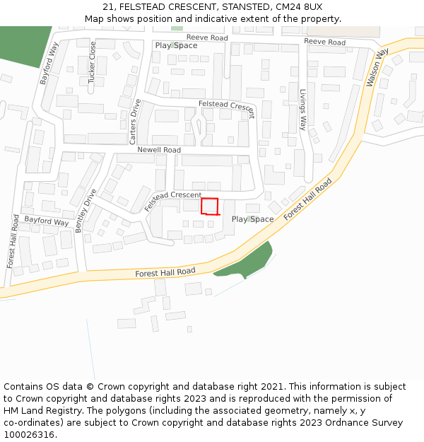 21, FELSTEAD CRESCENT, STANSTED, CM24 8UX: Location map and indicative extent of plot