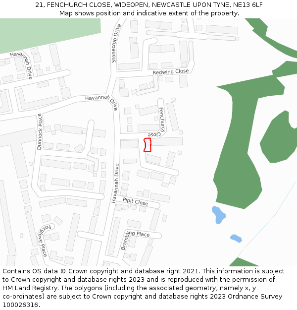 21, FENCHURCH CLOSE, WIDEOPEN, NEWCASTLE UPON TYNE, NE13 6LF: Location map and indicative extent of plot