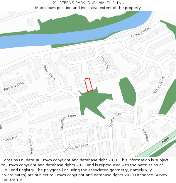 21, FERENS PARK, DURHAM, DH1 1NU: Location map and indicative extent of plot