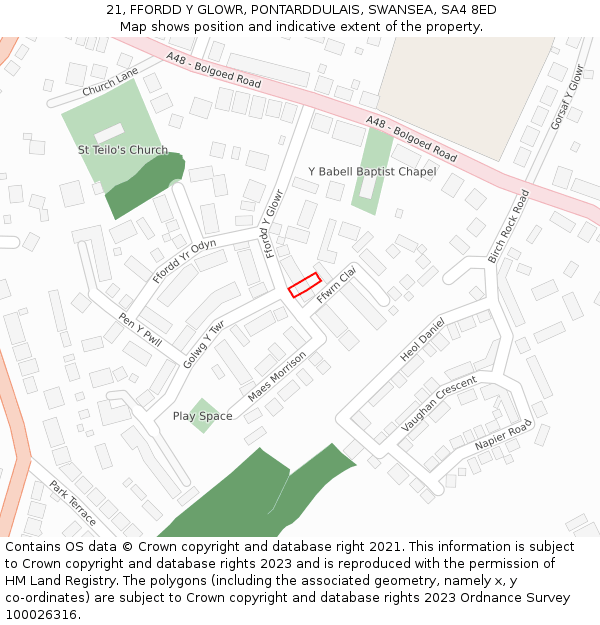 21, FFORDD Y GLOWR, PONTARDDULAIS, SWANSEA, SA4 8ED: Location map and indicative extent of plot
