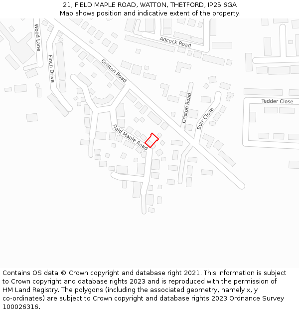 21, FIELD MAPLE ROAD, WATTON, THETFORD, IP25 6GA: Location map and indicative extent of plot