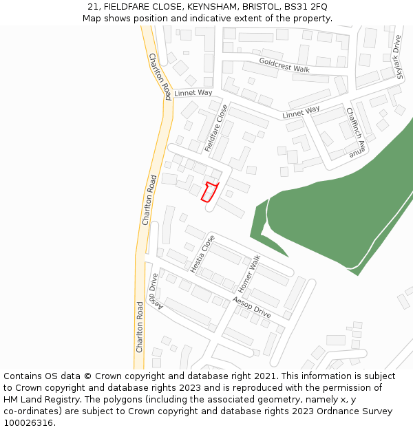 21, FIELDFARE CLOSE, KEYNSHAM, BRISTOL, BS31 2FQ: Location map and indicative extent of plot