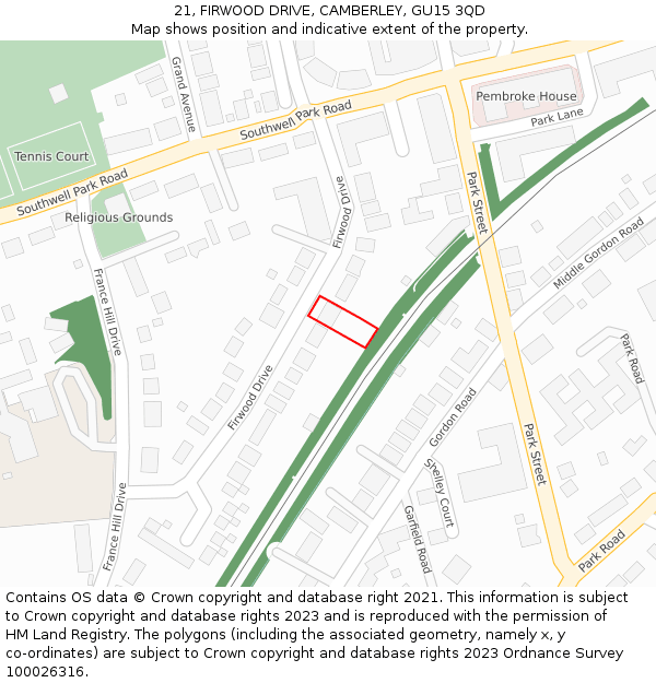 21, FIRWOOD DRIVE, CAMBERLEY, GU15 3QD: Location map and indicative extent of plot