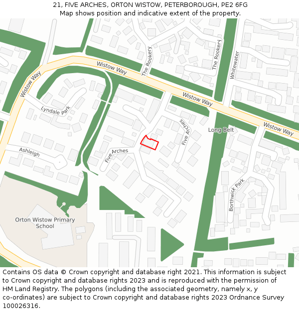 21, FIVE ARCHES, ORTON WISTOW, PETERBOROUGH, PE2 6FG: Location map and indicative extent of plot