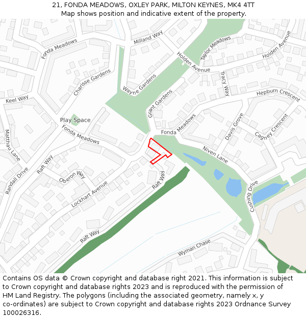 21, FONDA MEADOWS, OXLEY PARK, MILTON KEYNES, MK4 4TT: Location map and indicative extent of plot