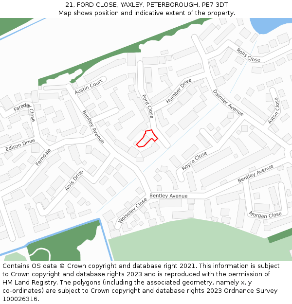 21, FORD CLOSE, YAXLEY, PETERBOROUGH, PE7 3DT: Location map and indicative extent of plot