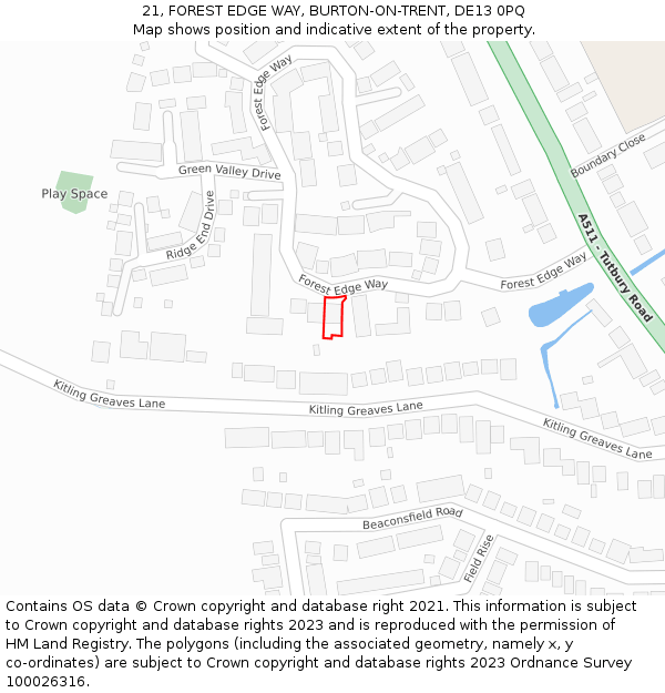 21, FOREST EDGE WAY, BURTON-ON-TRENT, DE13 0PQ: Location map and indicative extent of plot
