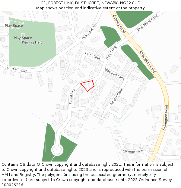 21, FOREST LINK, BILSTHORPE, NEWARK, NG22 8UD: Location map and indicative extent of plot