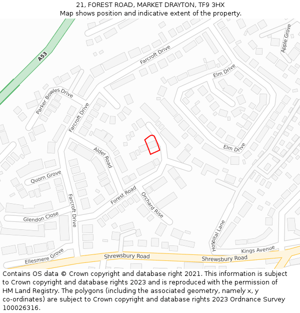 21, FOREST ROAD, MARKET DRAYTON, TF9 3HX: Location map and indicative extent of plot