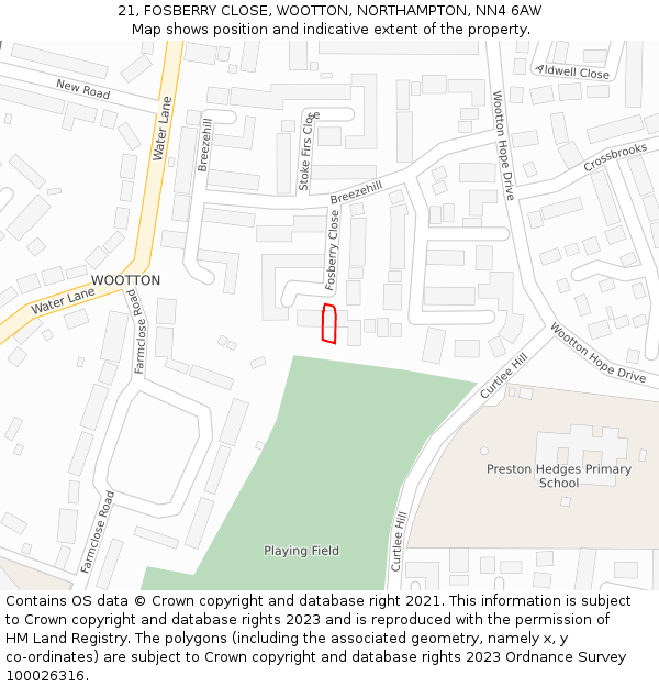 21, FOSBERRY CLOSE, WOOTTON, NORTHAMPTON, NN4 6AW: Location map and indicative extent of plot