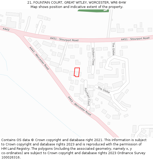 21, FOUNTAIN COURT, GREAT WITLEY, WORCESTER, WR6 6HW: Location map and indicative extent of plot