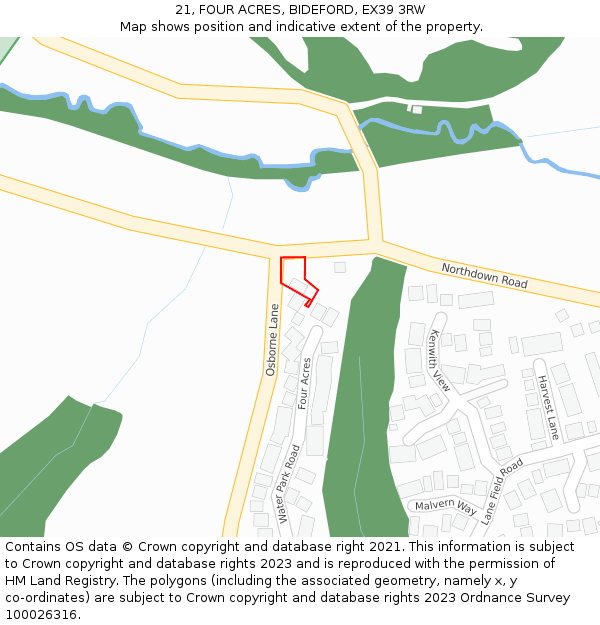 21, FOUR ACRES, BIDEFORD, EX39 3RW: Location map and indicative extent of plot