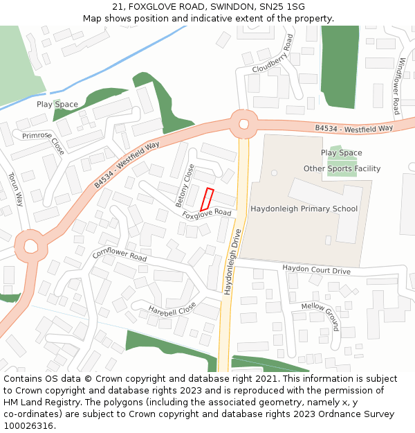 21, FOXGLOVE ROAD, SWINDON, SN25 1SG: Location map and indicative extent of plot