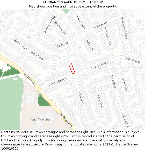 21, FRANCES AVENUE, RHYL, LL18 2LW: Location map and indicative extent of plot