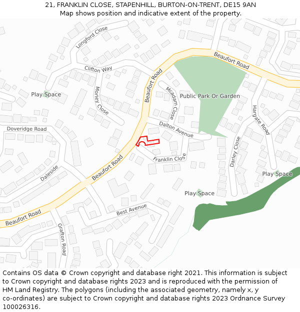 21, FRANKLIN CLOSE, STAPENHILL, BURTON-ON-TRENT, DE15 9AN: Location map and indicative extent of plot