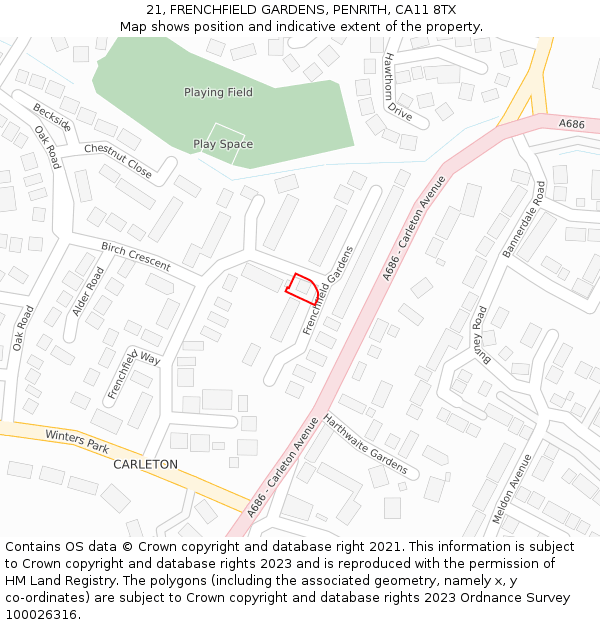 21, FRENCHFIELD GARDENS, PENRITH, CA11 8TX: Location map and indicative extent of plot