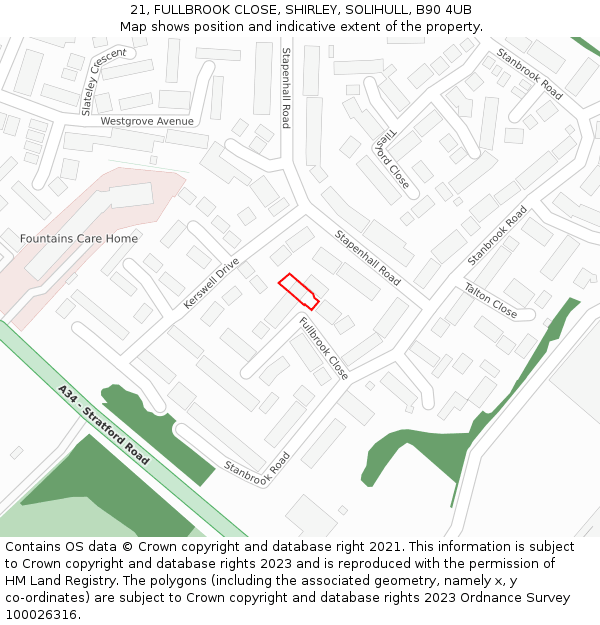 21, FULLBROOK CLOSE, SHIRLEY, SOLIHULL, B90 4UB: Location map and indicative extent of plot