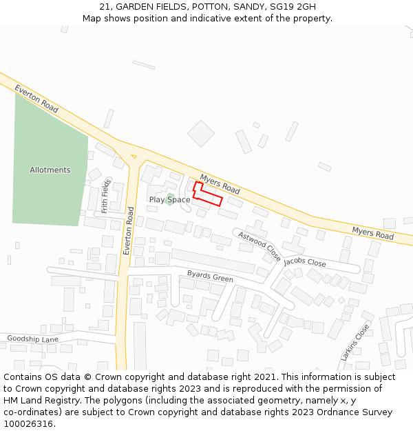 21, GARDEN FIELDS, POTTON, SANDY, SG19 2GH: Location map and indicative extent of plot