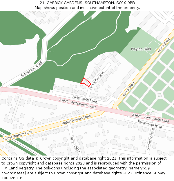 21, GARRICK GARDENS, SOUTHAMPTON, SO19 9RB: Location map and indicative extent of plot