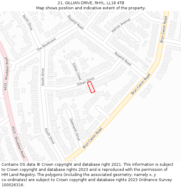 21, GILLIAN DRIVE, RHYL, LL18 4TB: Location map and indicative extent of plot