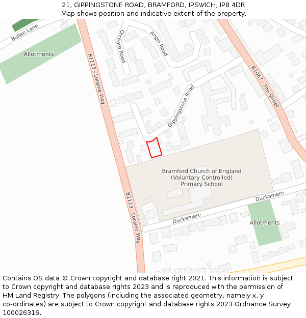 21, GIPPINGSTONE ROAD, BRAMFORD, IPSWICH, IP8 4DR: Location map and indicative extent of plot