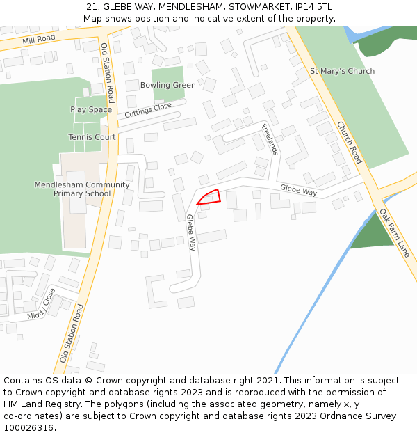 21, GLEBE WAY, MENDLESHAM, STOWMARKET, IP14 5TL: Location map and indicative extent of plot
