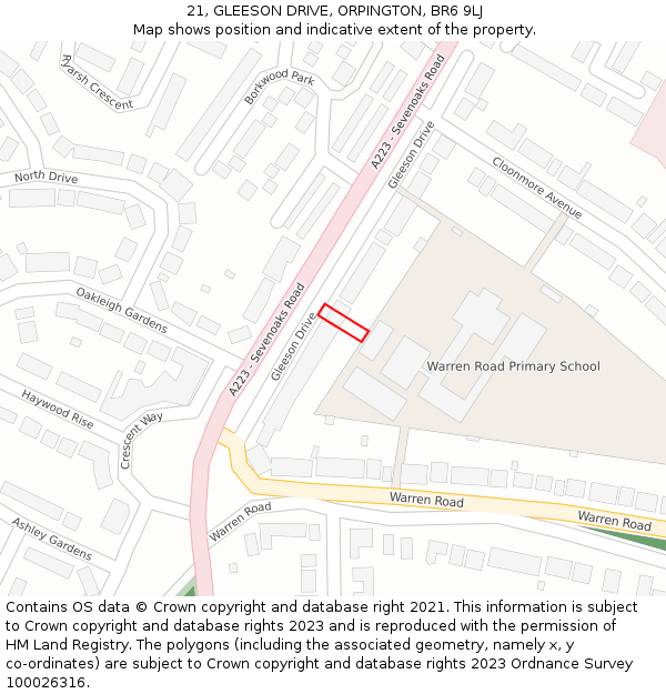 21, GLEESON DRIVE, ORPINGTON, BR6 9LJ: Location map and indicative extent of plot