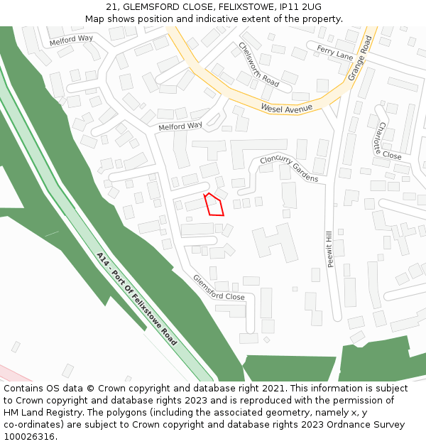 21, GLEMSFORD CLOSE, FELIXSTOWE, IP11 2UG: Location map and indicative extent of plot