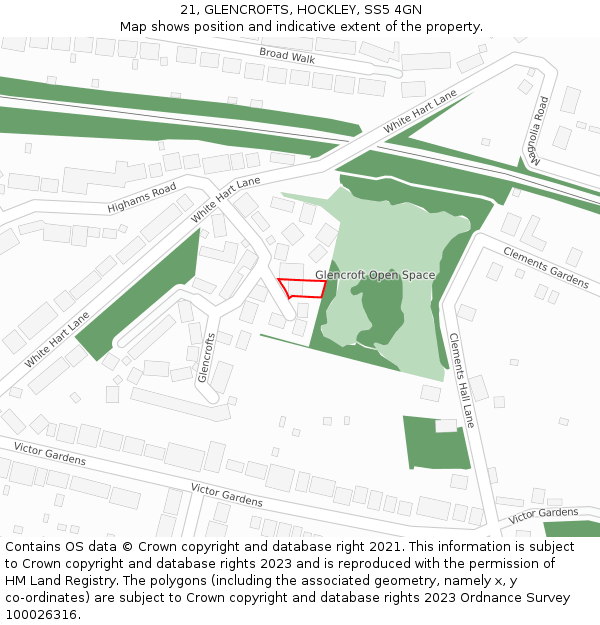 21, GLENCROFTS, HOCKLEY, SS5 4GN: Location map and indicative extent of plot