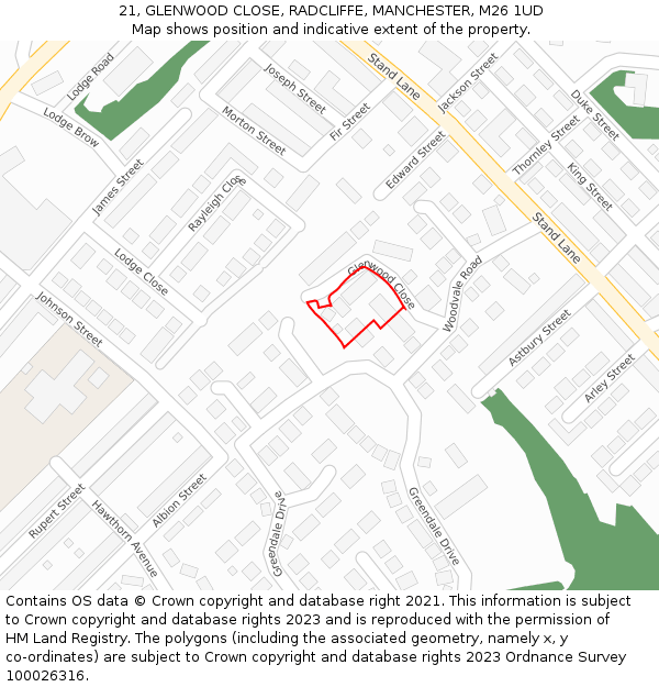 21, GLENWOOD CLOSE, RADCLIFFE, MANCHESTER, M26 1UD: Location map and indicative extent of plot