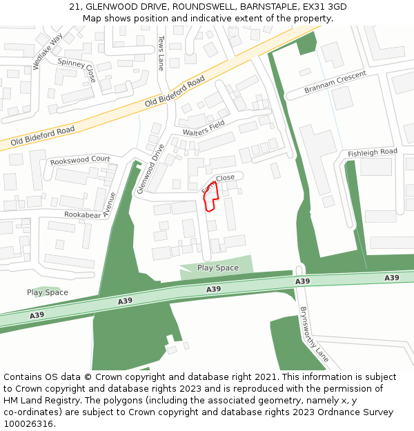 21, GLENWOOD DRIVE, ROUNDSWELL, BARNSTAPLE, EX31 3GD: Location map and indicative extent of plot