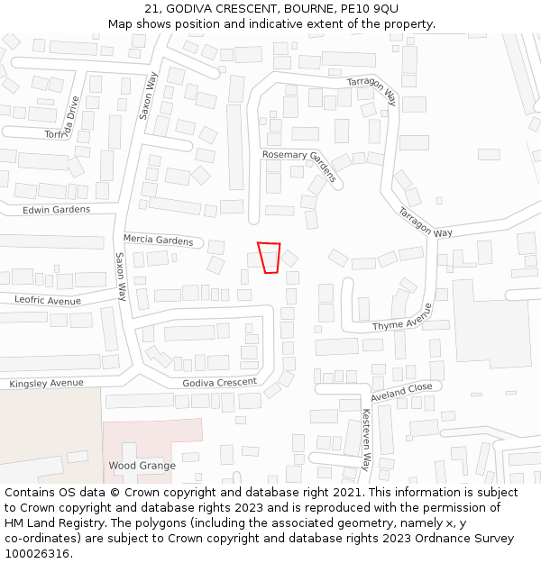 21, GODIVA CRESCENT, BOURNE, PE10 9QU: Location map and indicative extent of plot