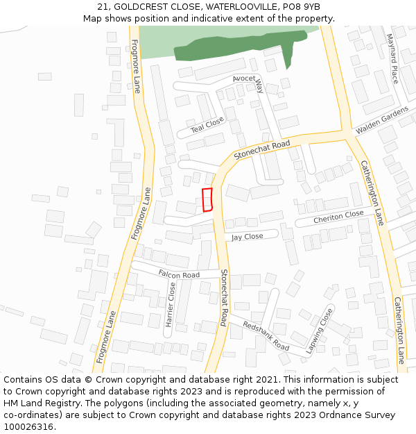 21, GOLDCREST CLOSE, WATERLOOVILLE, PO8 9YB: Location map and indicative extent of plot