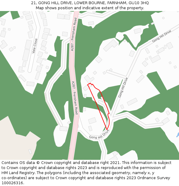 21, GONG HILL DRIVE, LOWER BOURNE, FARNHAM, GU10 3HQ: Location map and indicative extent of plot