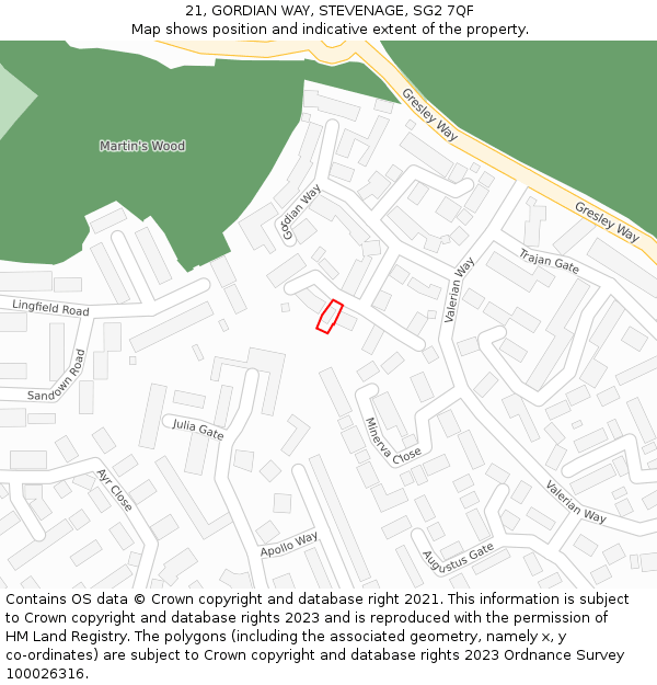 21, GORDIAN WAY, STEVENAGE, SG2 7QF: Location map and indicative extent of plot