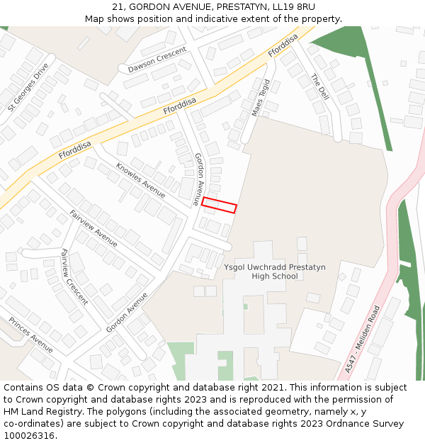 21, GORDON AVENUE, PRESTATYN, LL19 8RU: Location map and indicative extent of plot