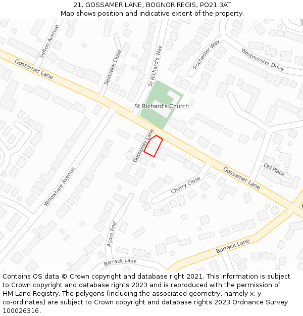 21, GOSSAMER LANE, BOGNOR REGIS, PO21 3AT: Location map and indicative extent of plot