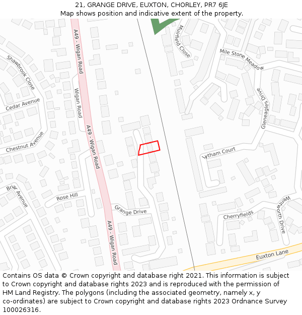 21, GRANGE DRIVE, EUXTON, CHORLEY, PR7 6JE: Location map and indicative extent of plot