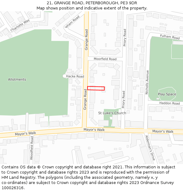 21, GRANGE ROAD, PETERBOROUGH, PE3 9DR: Location map and indicative extent of plot